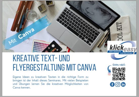 Kreative Text- und Flyergestaltung mit Canva am 11. März 2023 von 9.00 -16.30 Uhr