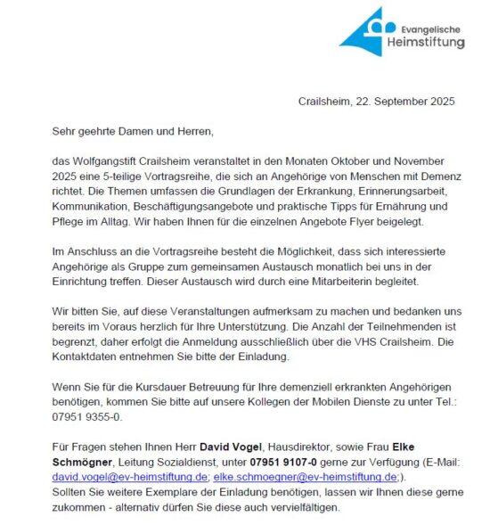 Votragsreihe für Angehörige mit Demenz