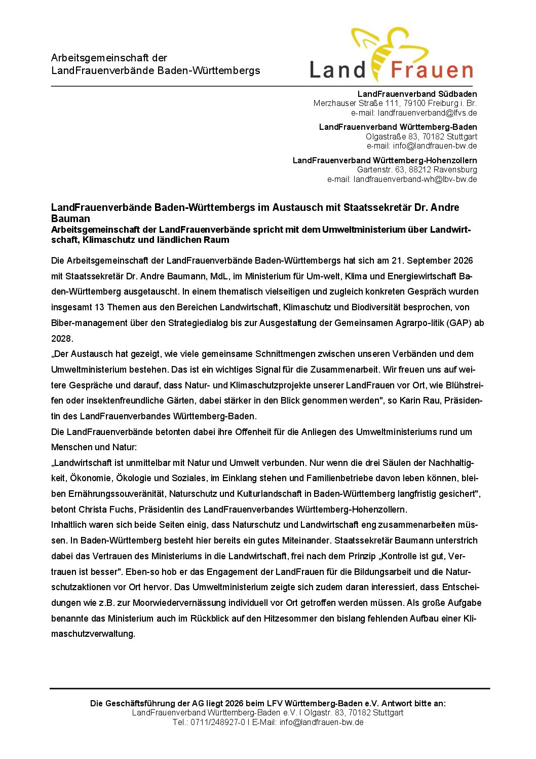 Die Arbeitsgemeinschaft der LandFrauenverbände Baden-Württembergs im Ausstausch mit Staatssekretär Dr. Andre Baumann, MdL